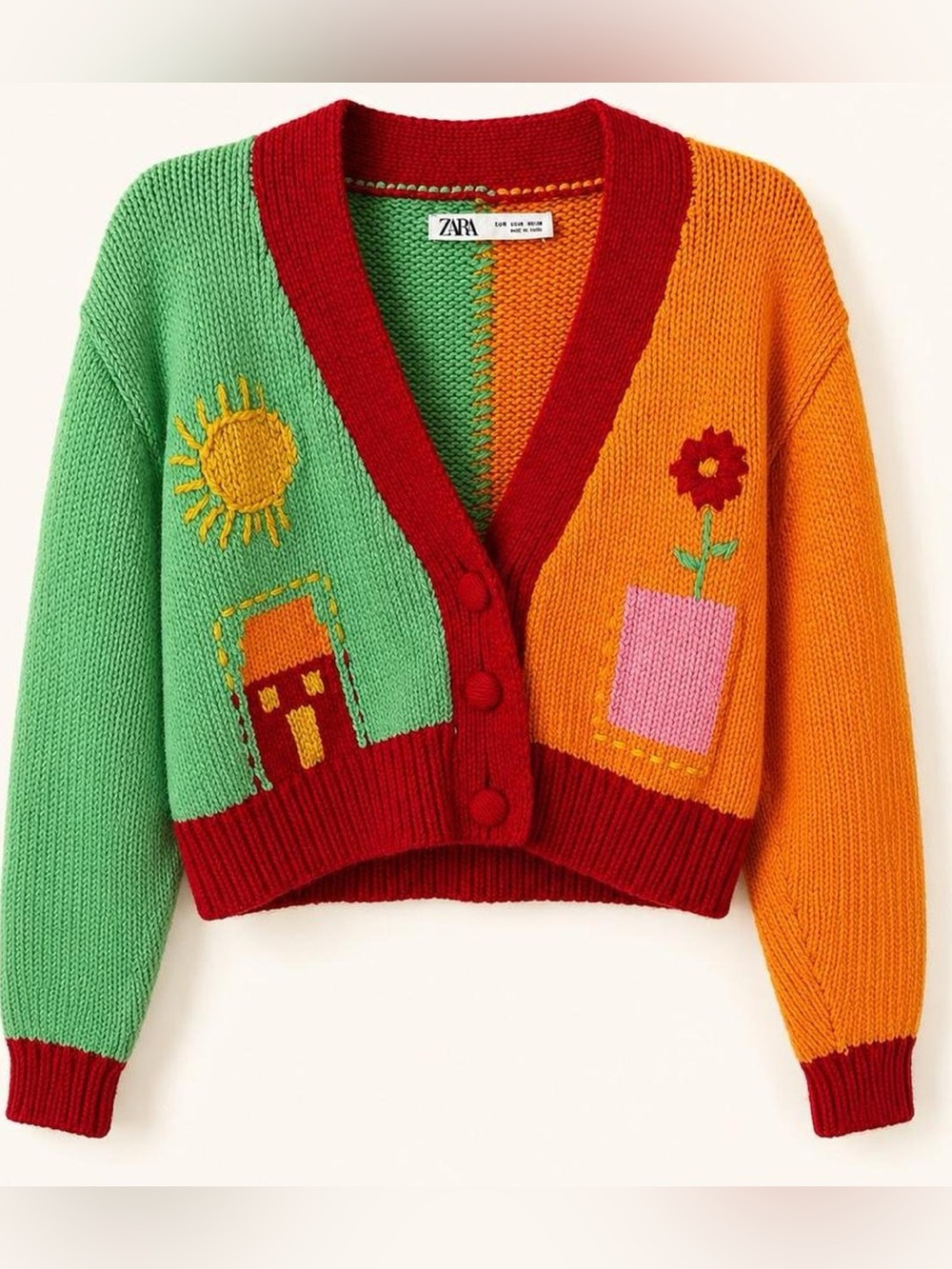 Zara Colorblock Cropped Cardigan - Green, Orange, Red & Pink
